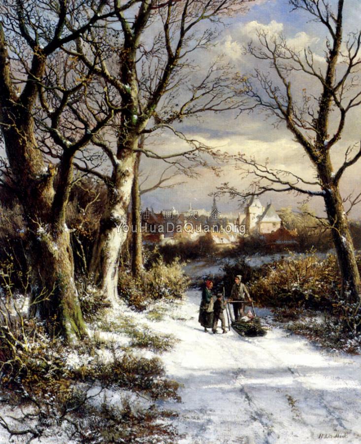 Barend Figures On A Snowy Road - 约翰内斯·赫曼努斯·库库克